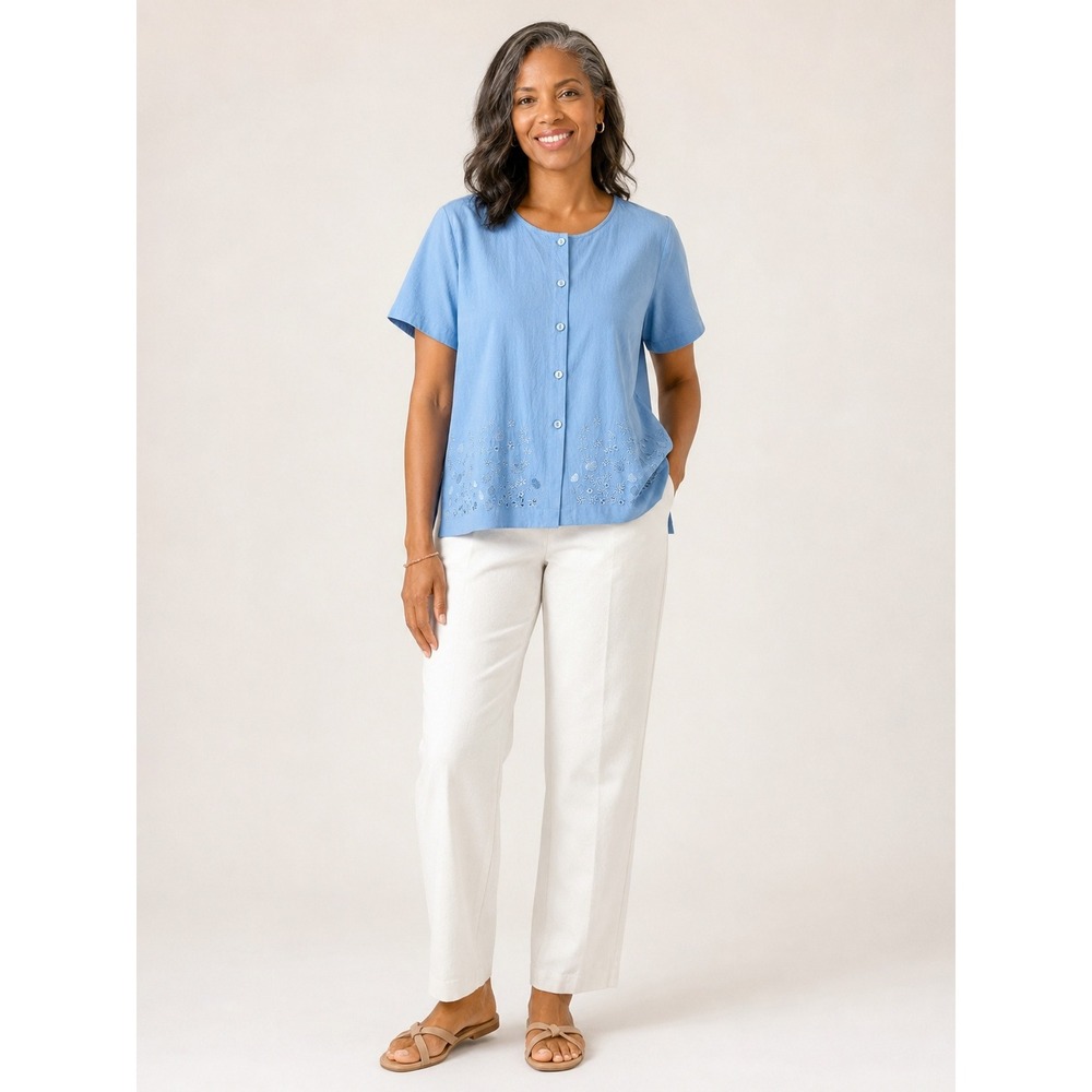 Vintage 90s Jane Ashley Blue Embroidered Cotton Button Front Blouse XL